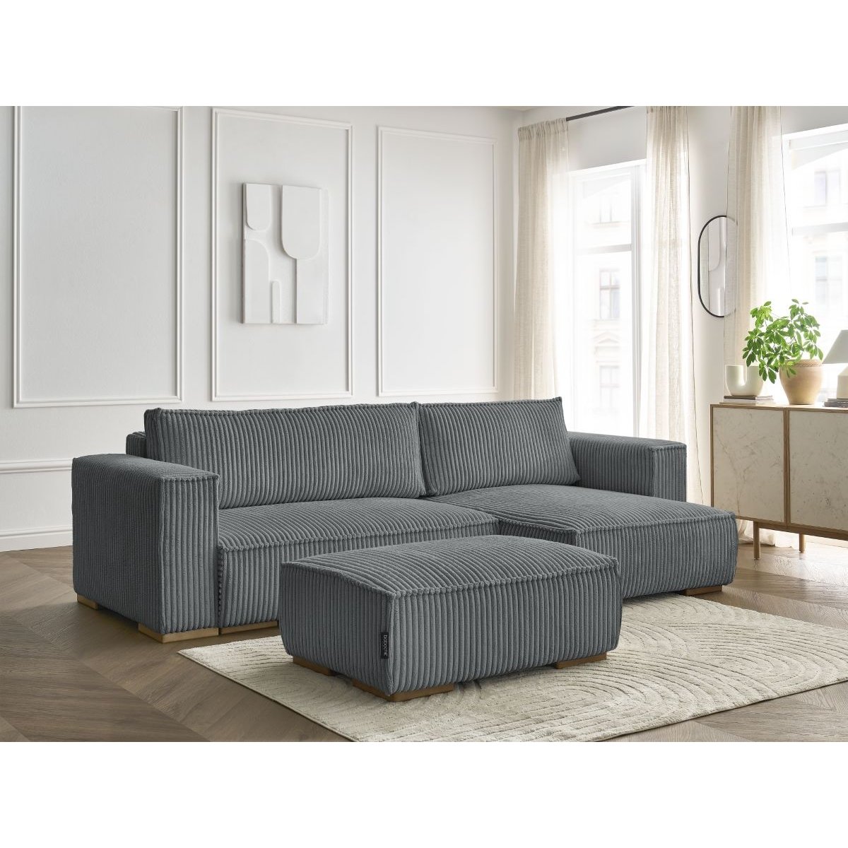 Canapé d'angle convertible 4 places en gros côtelé doux avec pouf, CHELSEA gris foncé, BOBOCHIC
