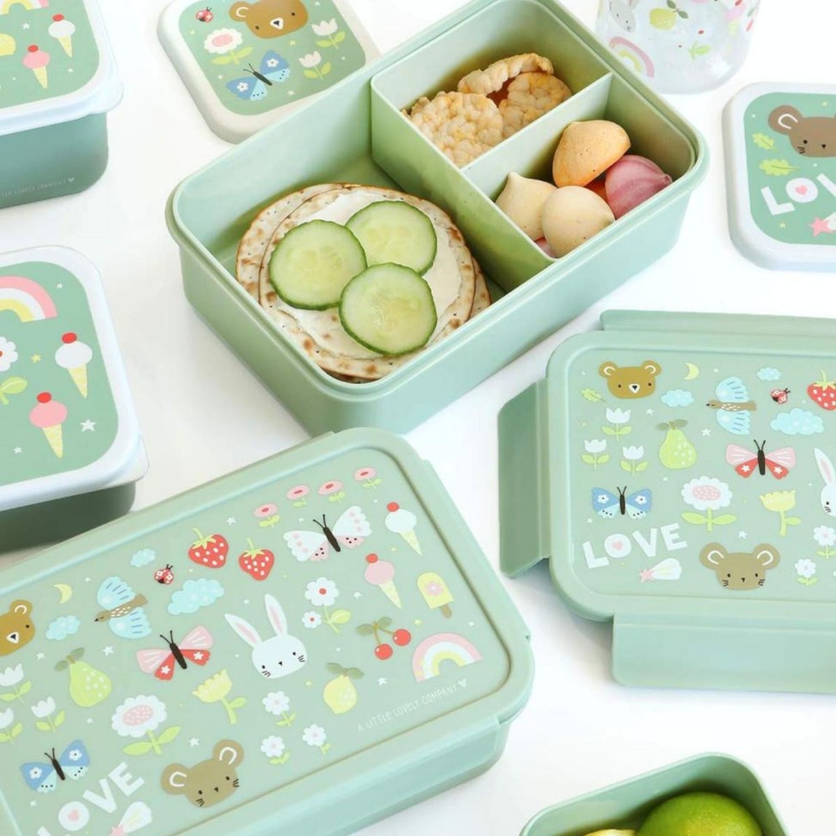 Lunch box Joie vert d'eau, rose, jaune, A LITTLE LOVELY COMPANY