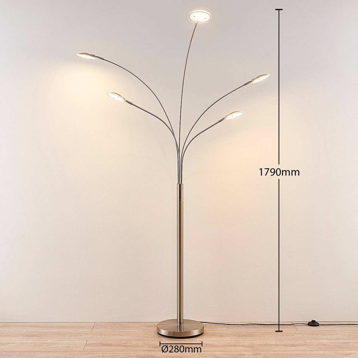 Lampadaire en métal moderneLED, Anea nickel mat, blanc givré, LINDBY