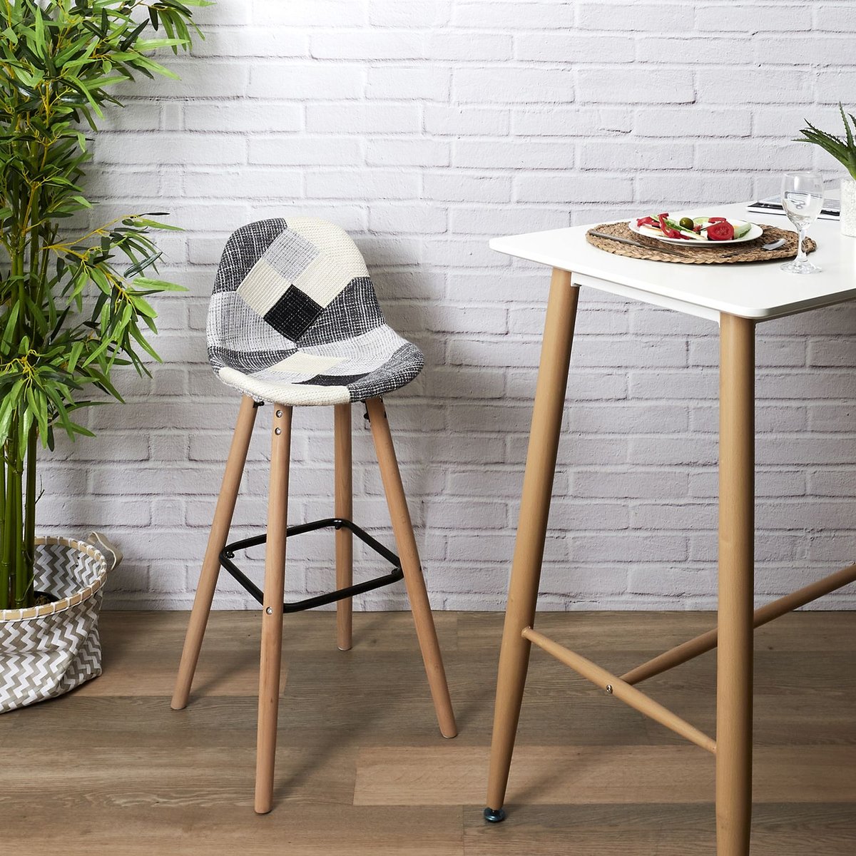 Ensemble de 2 tabourets de bar PATCHWORK blanc, TOILINUX