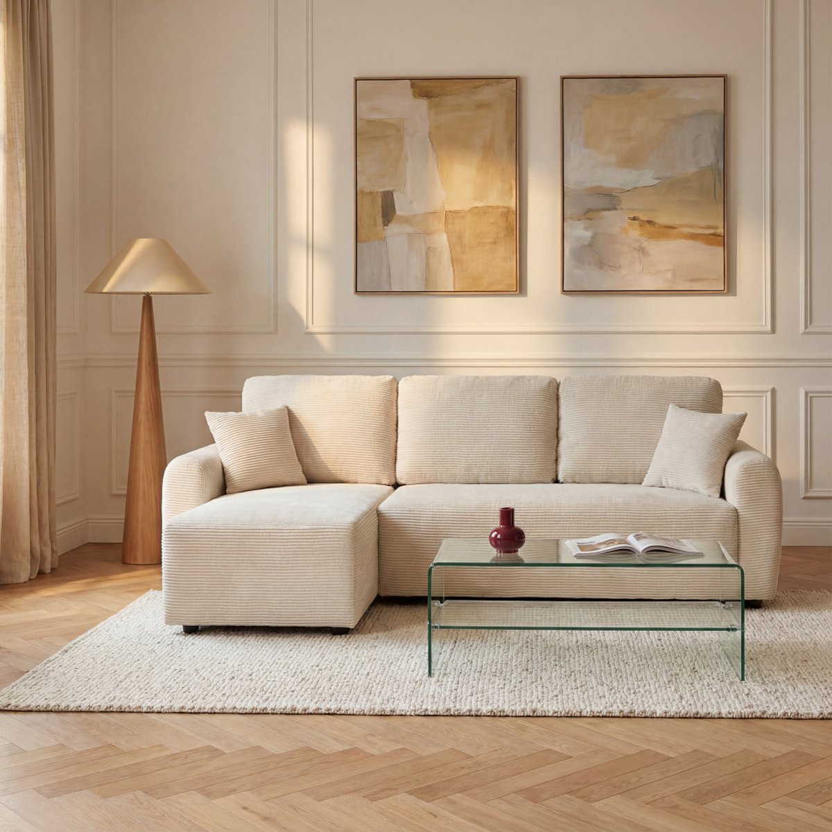 Canapé d'angle convertible réversible 4 places en velours côtelé- JUL beige, DRAWER