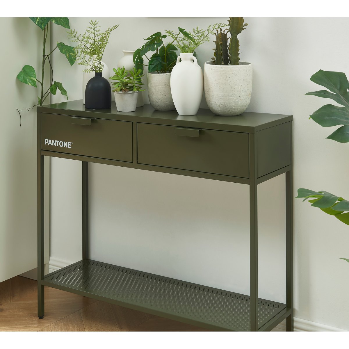 Console en acier vert olive foncé, PANTONE