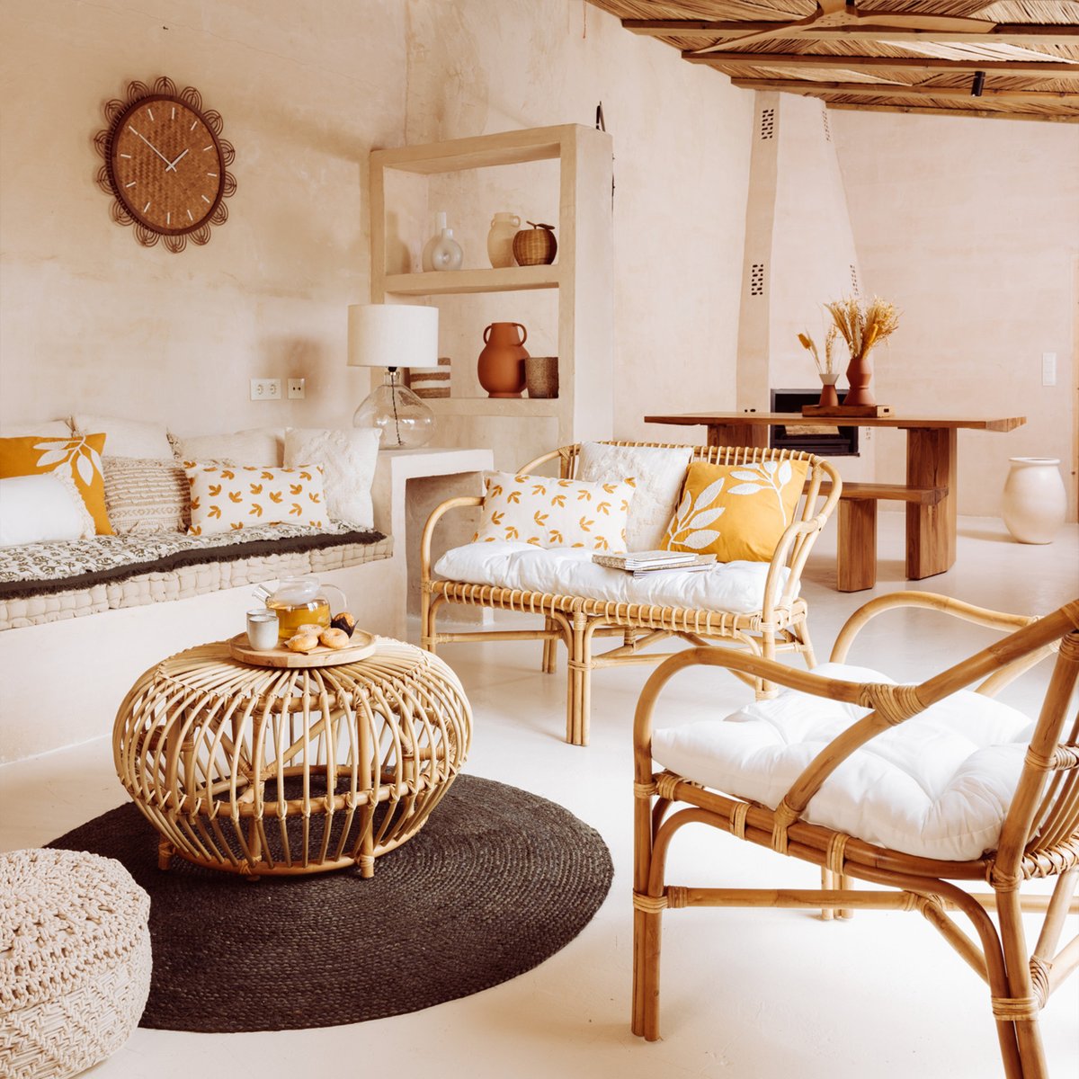 Banquette 2 places en rotin avec coussin coton NETA blanc, ATMOSPHERA