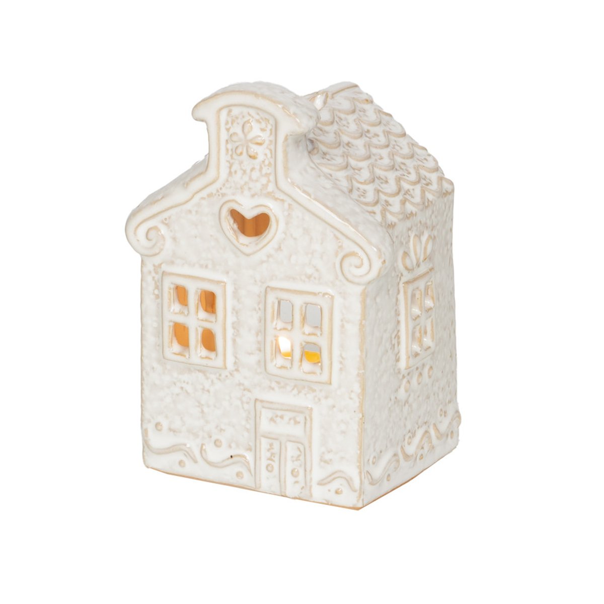Photophore maison avec détail cœur  H7,9 cm en céramique blanc, AMADEUS