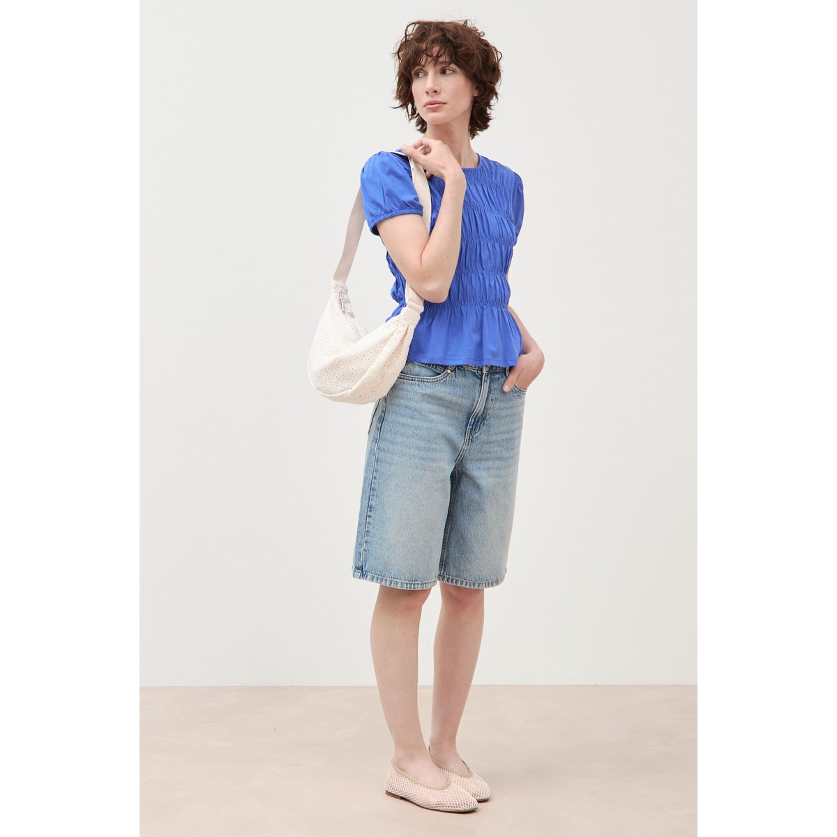T-shirt froncé col rond manches courtes bleu electrique, BONOBO
