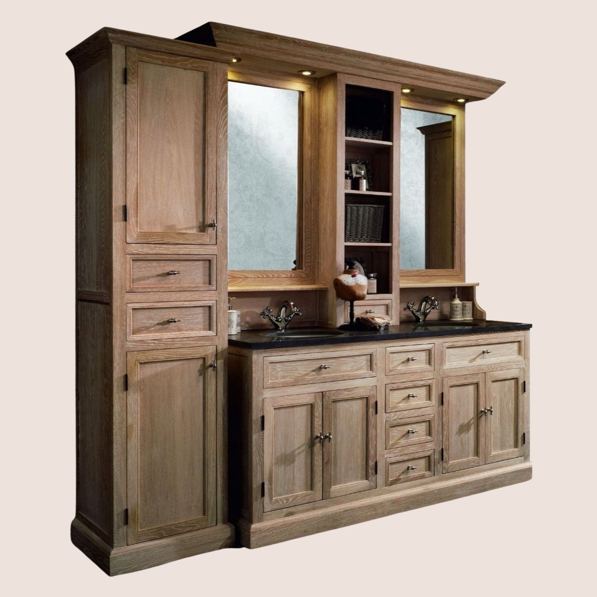 Meuble de salle de bain double vasque + 1 colonne G (ensemble) - VERONE bois clair, HELLIN, DEPUIS 1862