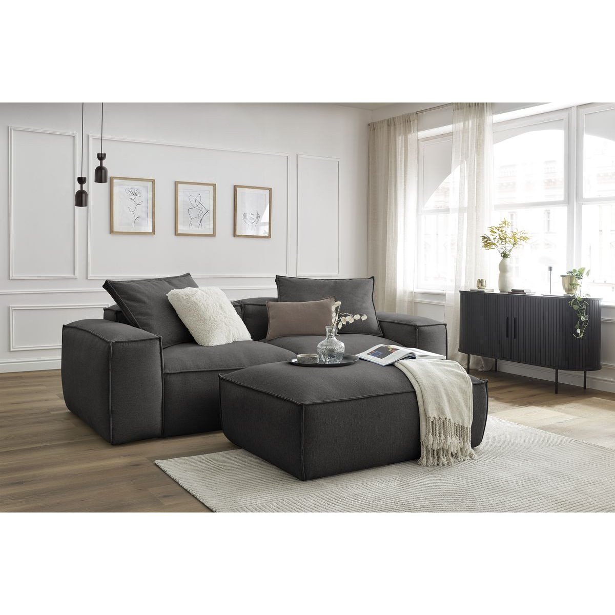 Canapé droit fixe 4 places en tissu chiné avec pouf, BOHEME gris foncé, BOBOCHIC