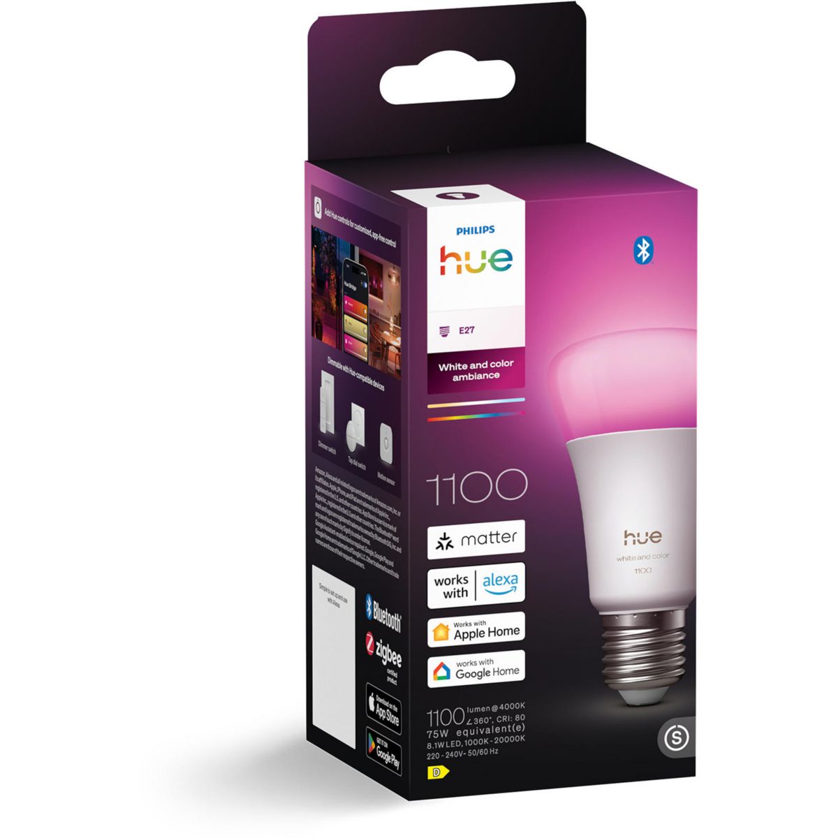 Ampoule LED connectée E27 White&Color Ambiance 75W couleur unique, PHILIPS HUE