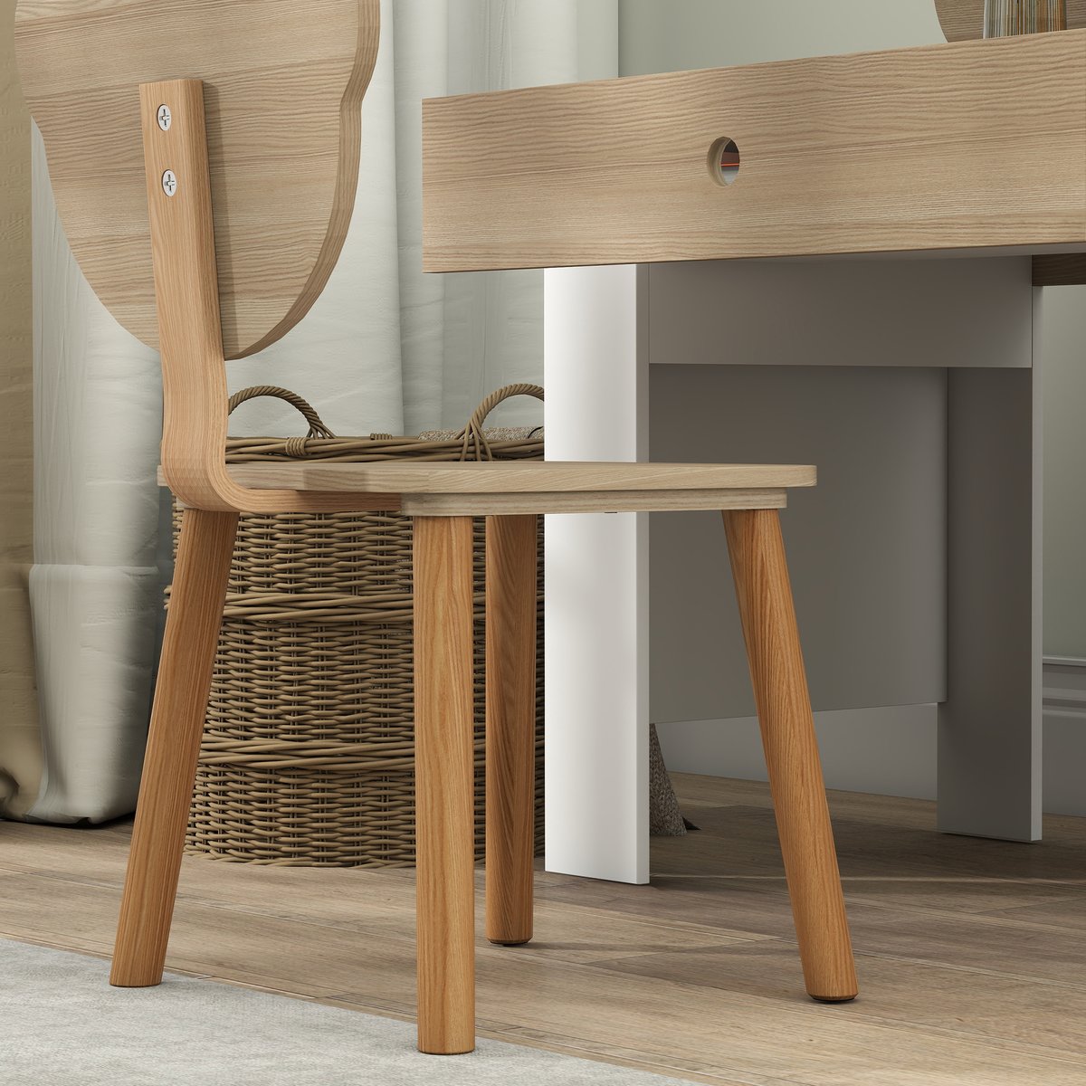 Bureau d'étude pour enfants avec chaise MDF bois naturel et blanc, AIYAPLAY