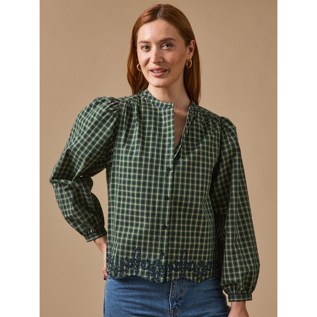 Blouse carreaux brodée carreaux vert/encre, CYRILLUS