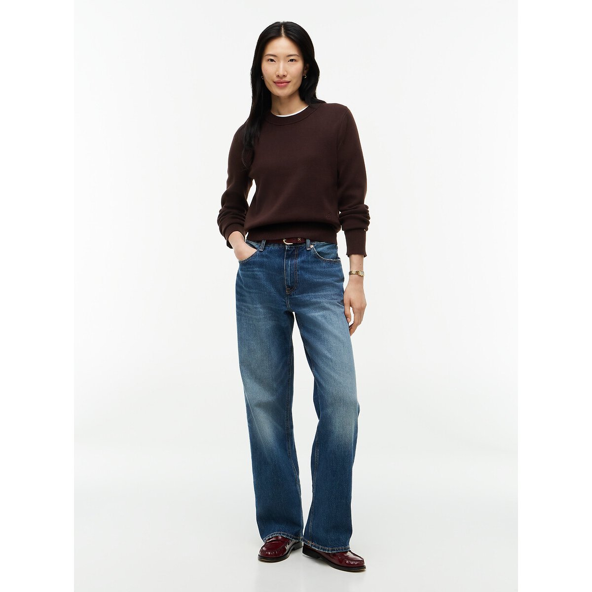 Jersey de cuello redondo y manga larga de algodón chocolate, TOMMY HILFIGER