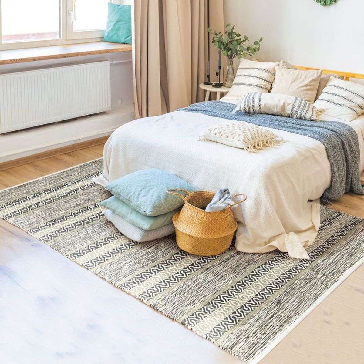 Tapis salon en coton TERRA COTTON ETHNO blanc sable, THE DECO FACTORY