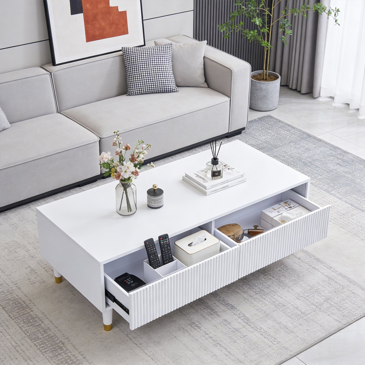 Table basse avec 2 tiroirs style moderne, CATTAIL white, MEUBLES COSY