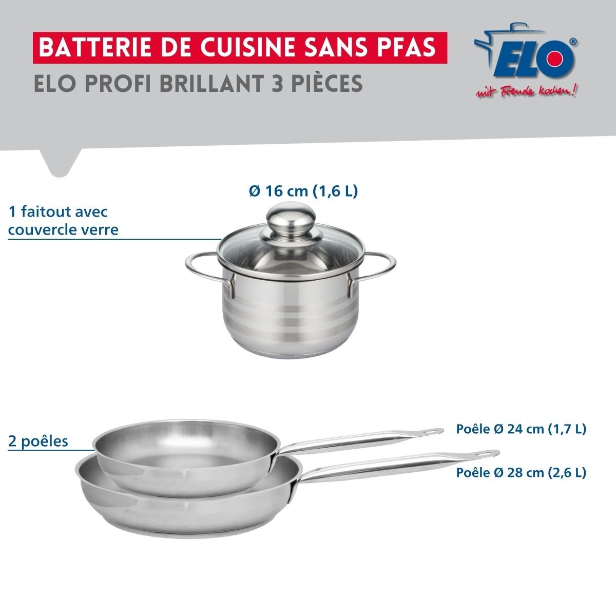 Batterie 2 poêles 24/28cm + 1 faitout 16cm PROFI BRILLANT gris, ELO