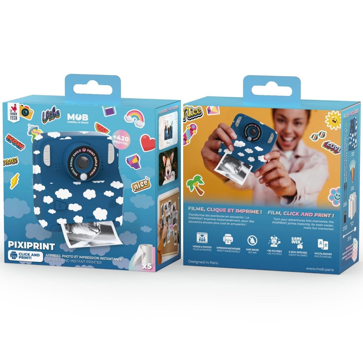 Appareil photo PixiPrint bleu, blanc, MOB