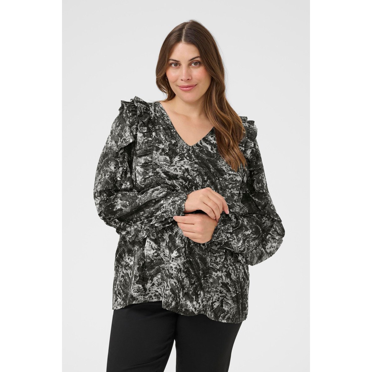 Blouse à manches longues noir/gris imprimé graphique, KAFFE CURVE