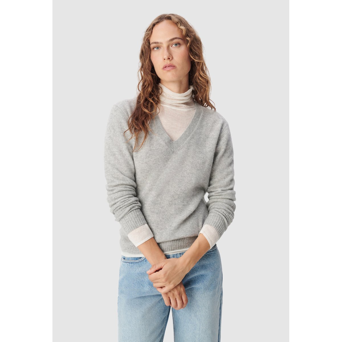 Pull col V tricot 100% cachemire gris, IKKS