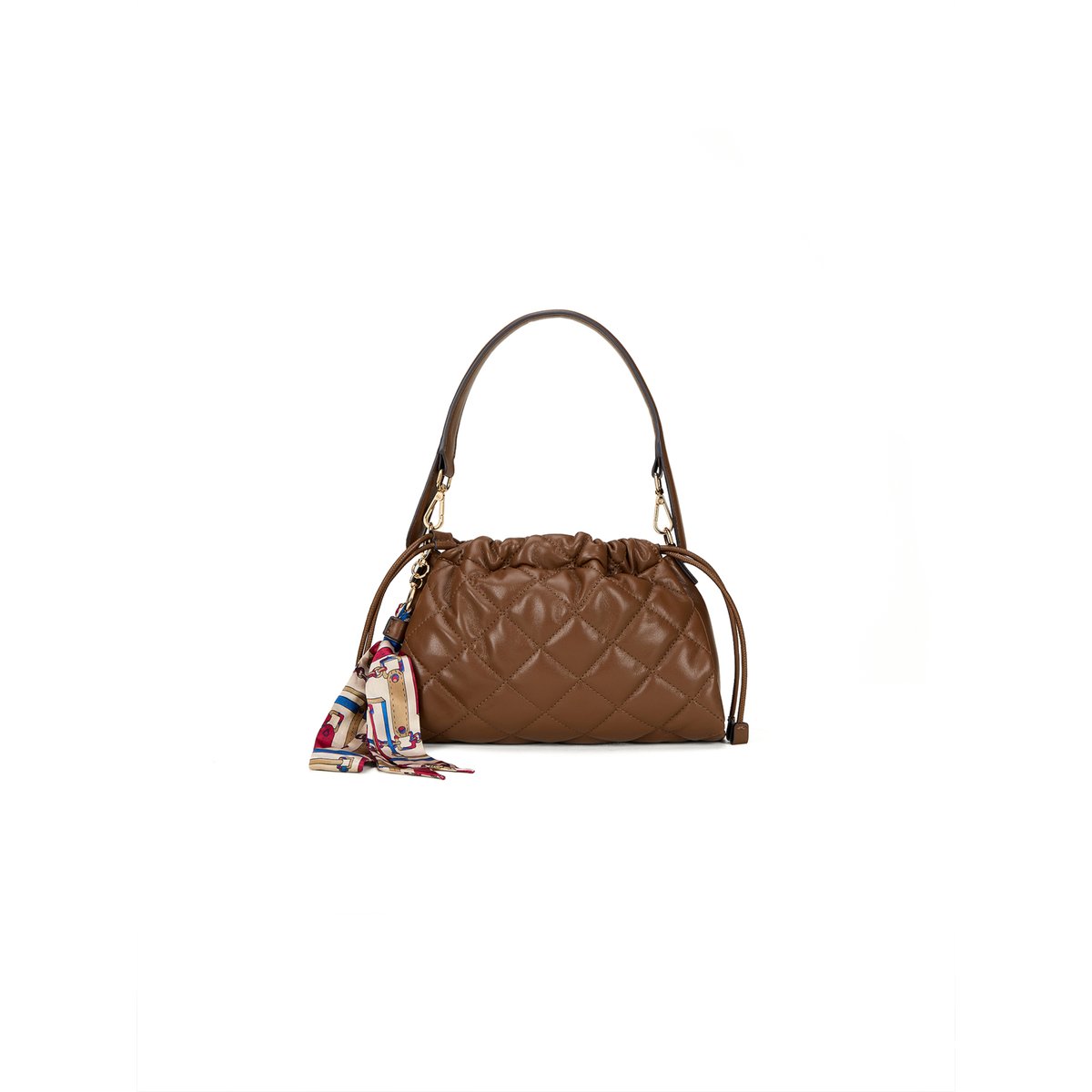 Sac matelassé avec cordon de serrage et charm marron, OLTRE