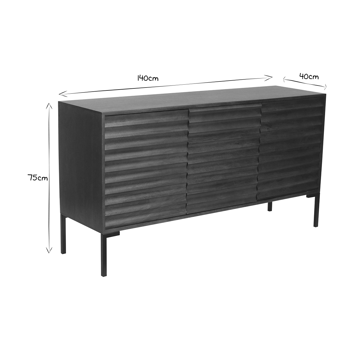 Buffet en bois foncé manguier massif et métal noir 3 portes L140 cm ONDA noyer, MILIBOO