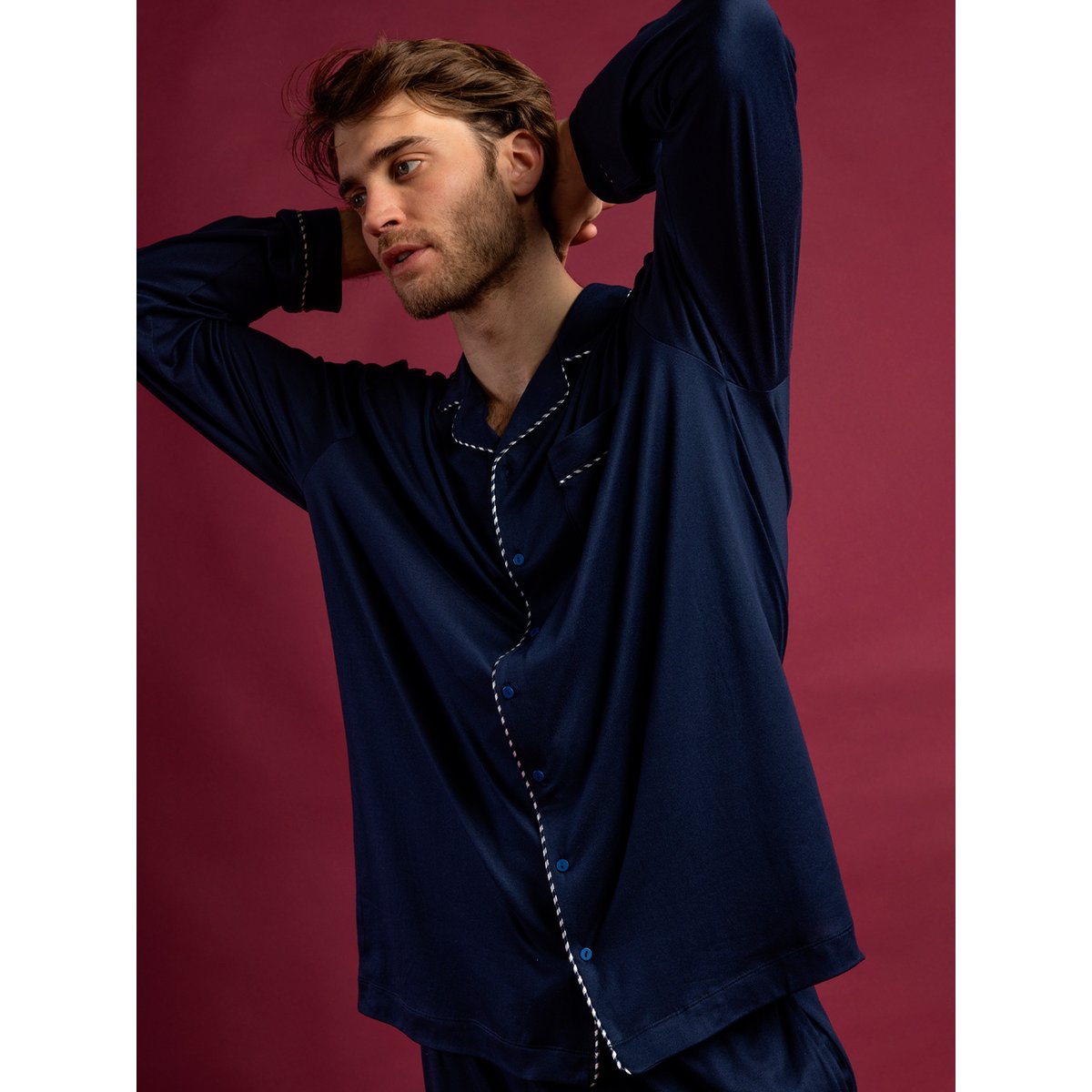 Pyjama pantalon chemise manches longues Luxury Pearl bleu marine, ADMAS