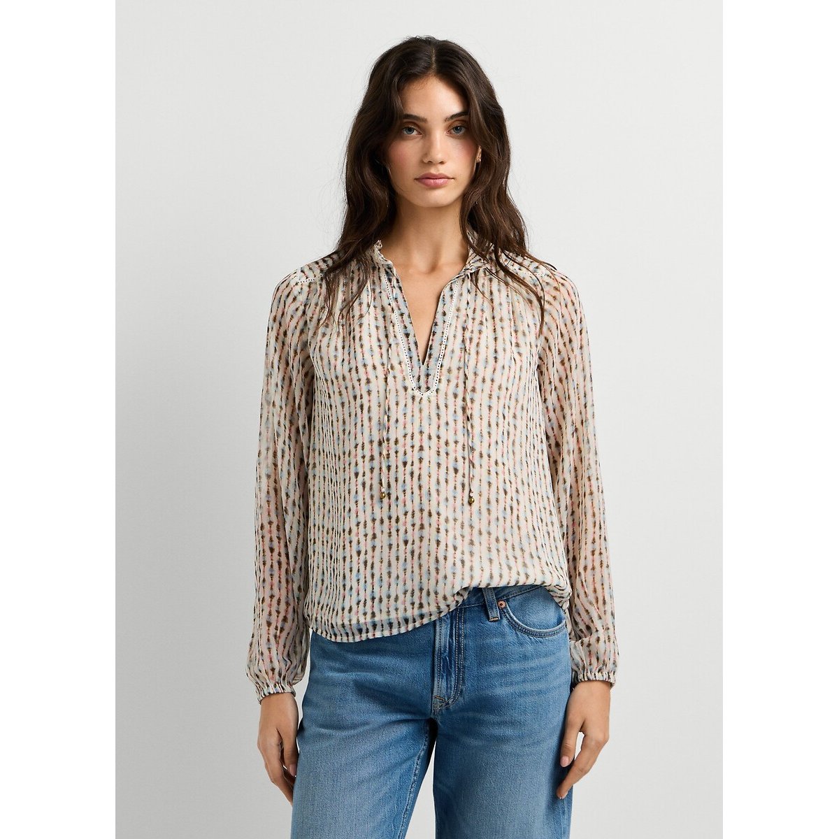 Blouse imprimée à col montant à nouer imprimé écru, PEPE JEANS
