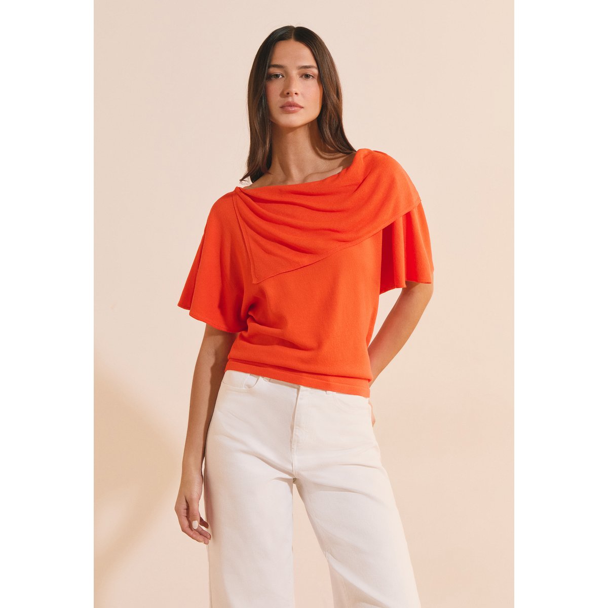 T-shirt manches courtes drapé SIMONA PULL orange, ETAM