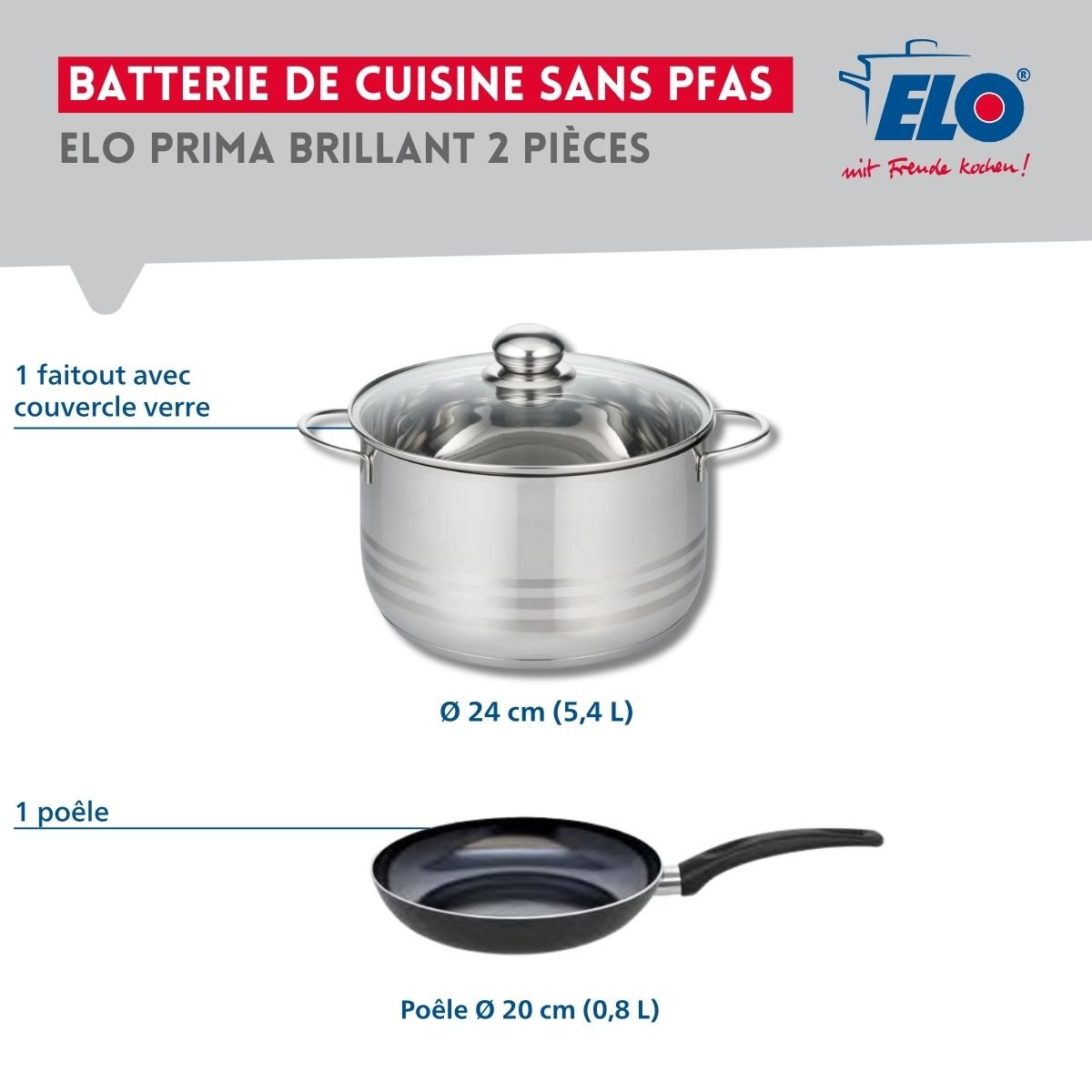 Batterie de cuisine 1 poêle 20cm + 1 faitout 24cm PRIMA BRILLANT noir, ELO