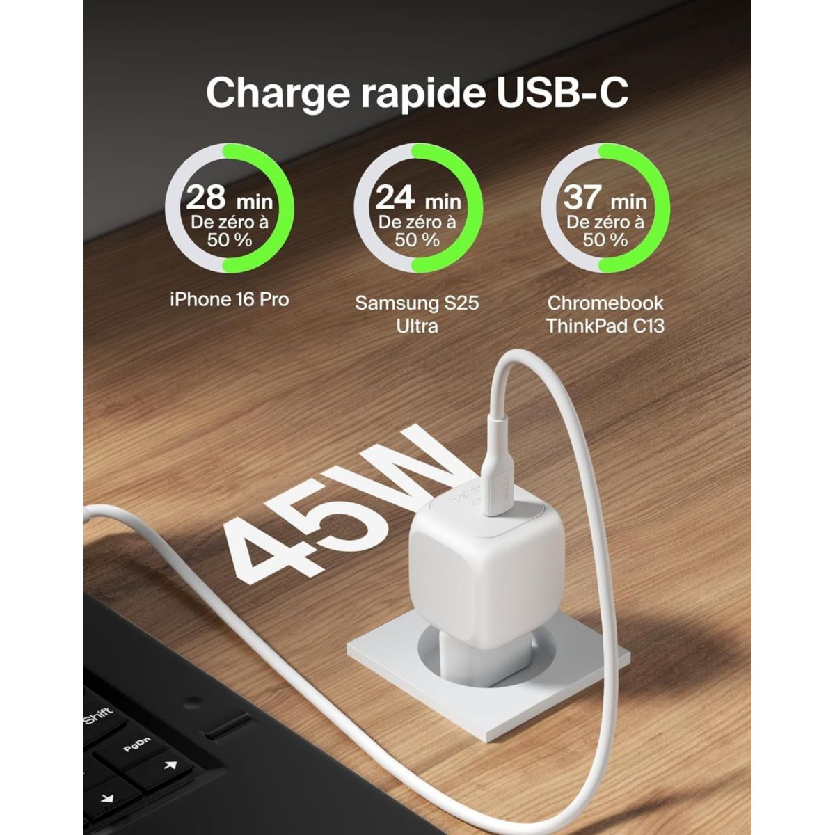 Chargeur 45W USB charge rapide & 1M C-C blanc couleur unique, BELKIN
