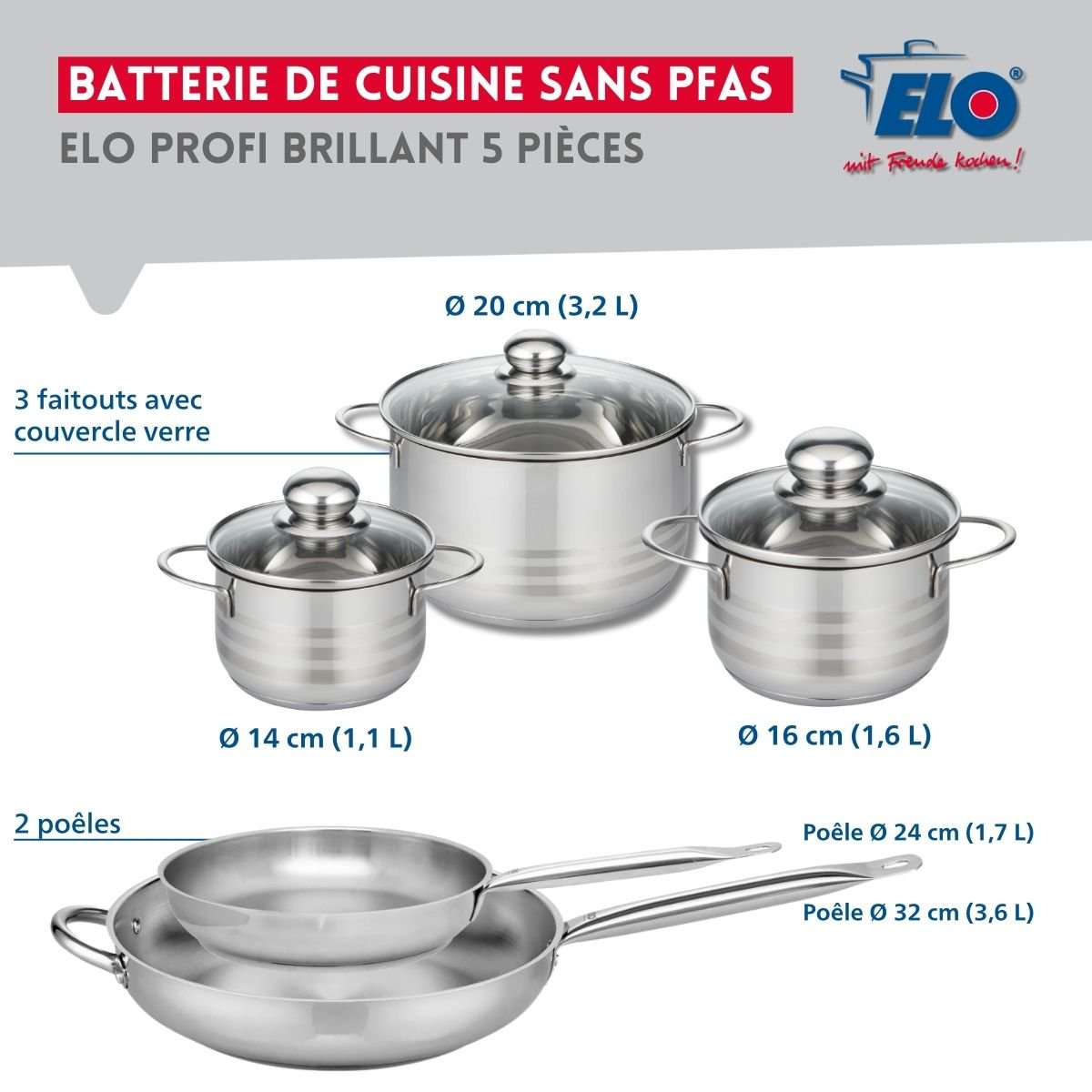 Batterie 2 poêles 24/32cm + 3 faitouts 14/16/20cm PROFI BRILLANT gris, ELO