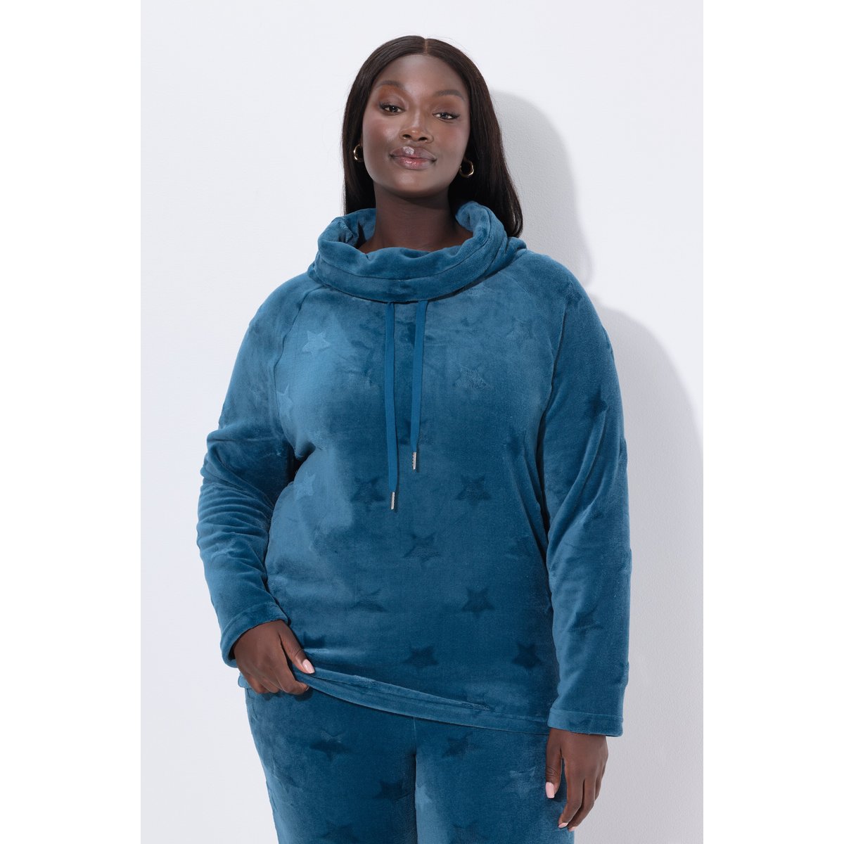 Sweater homewear, étoiles, col droit pétrol, ULLA POPKEN
