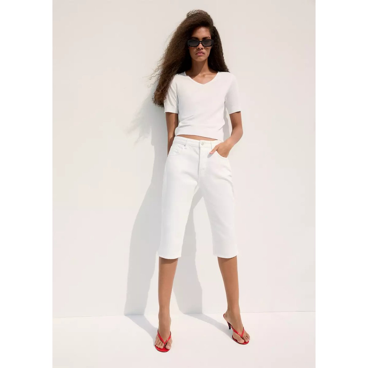 Pull-over maille col en V blanc, MANGO