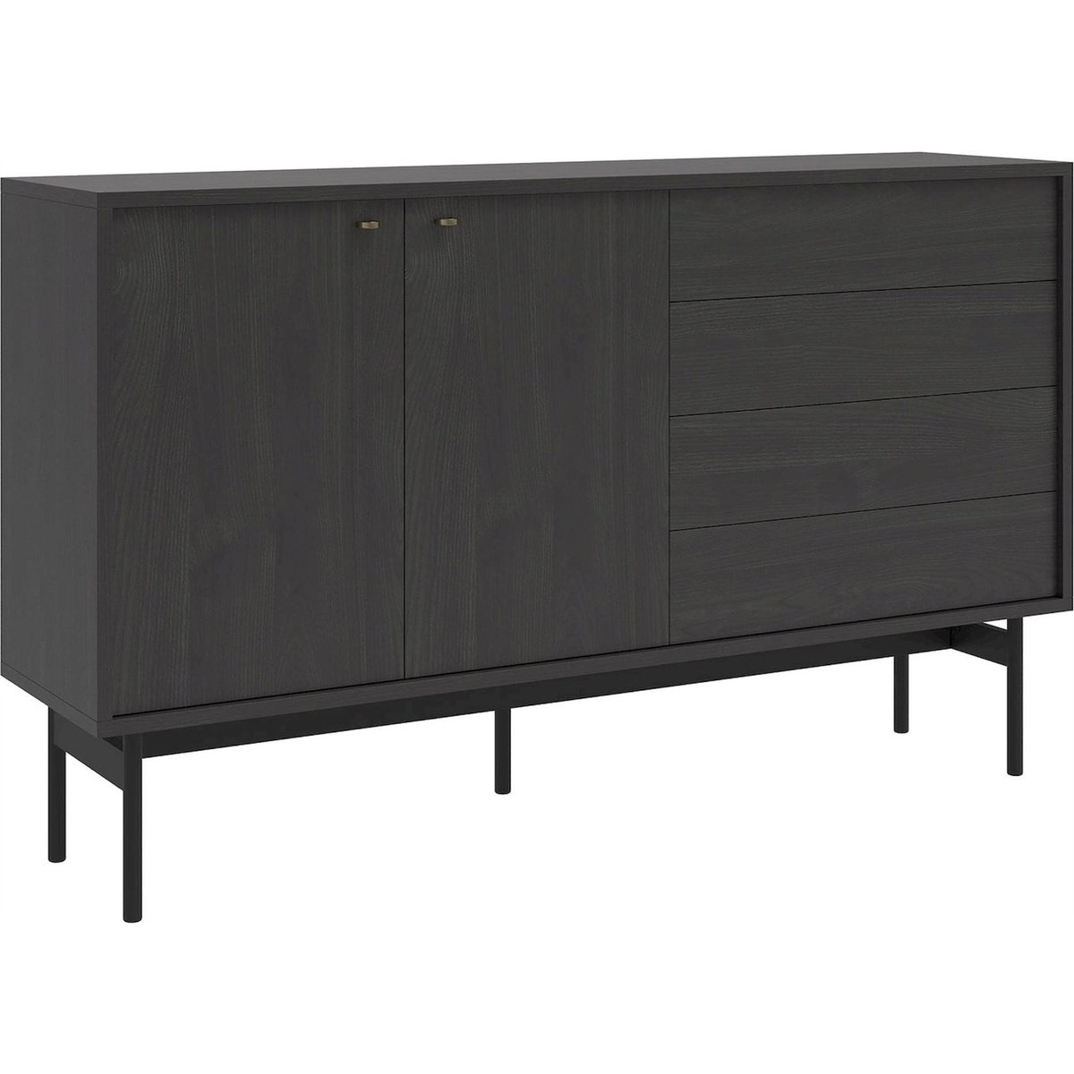 Buffet bas 2 portes 4 tiroirs OLAR en bois frêne portland noir avec poignées dorées, RECOLLECTION