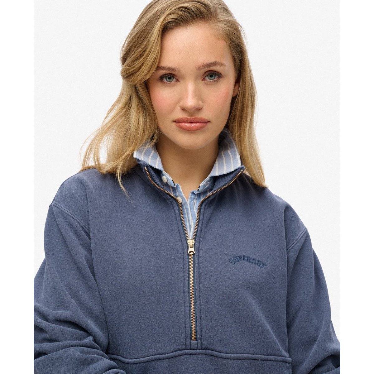 Sweat oversize à col zippé et logo Essential bleu marine lauren, SUPERDRY