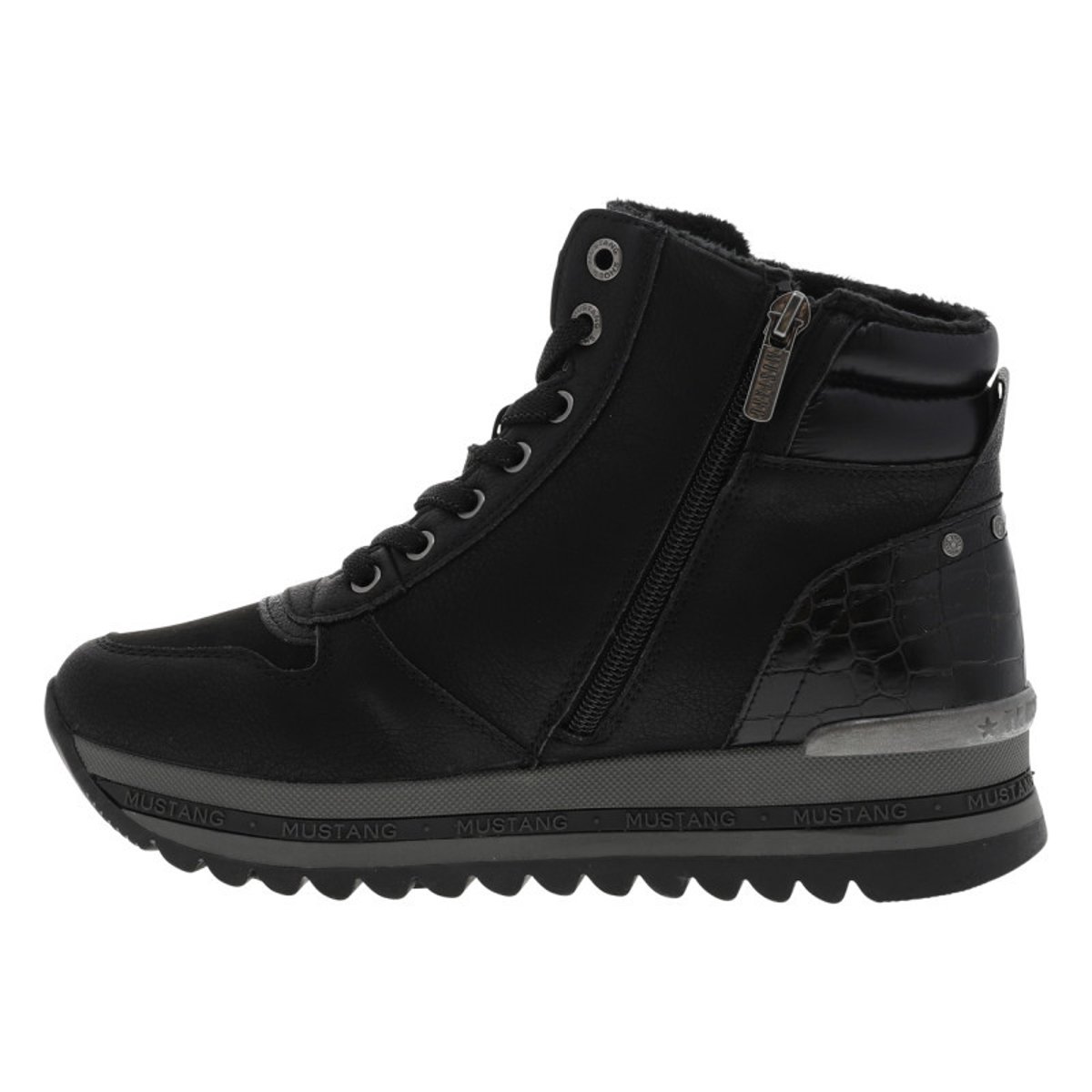 Baskets noires à talon semi-compensé avec des lacets et un zip latéral noires, MUSTANG