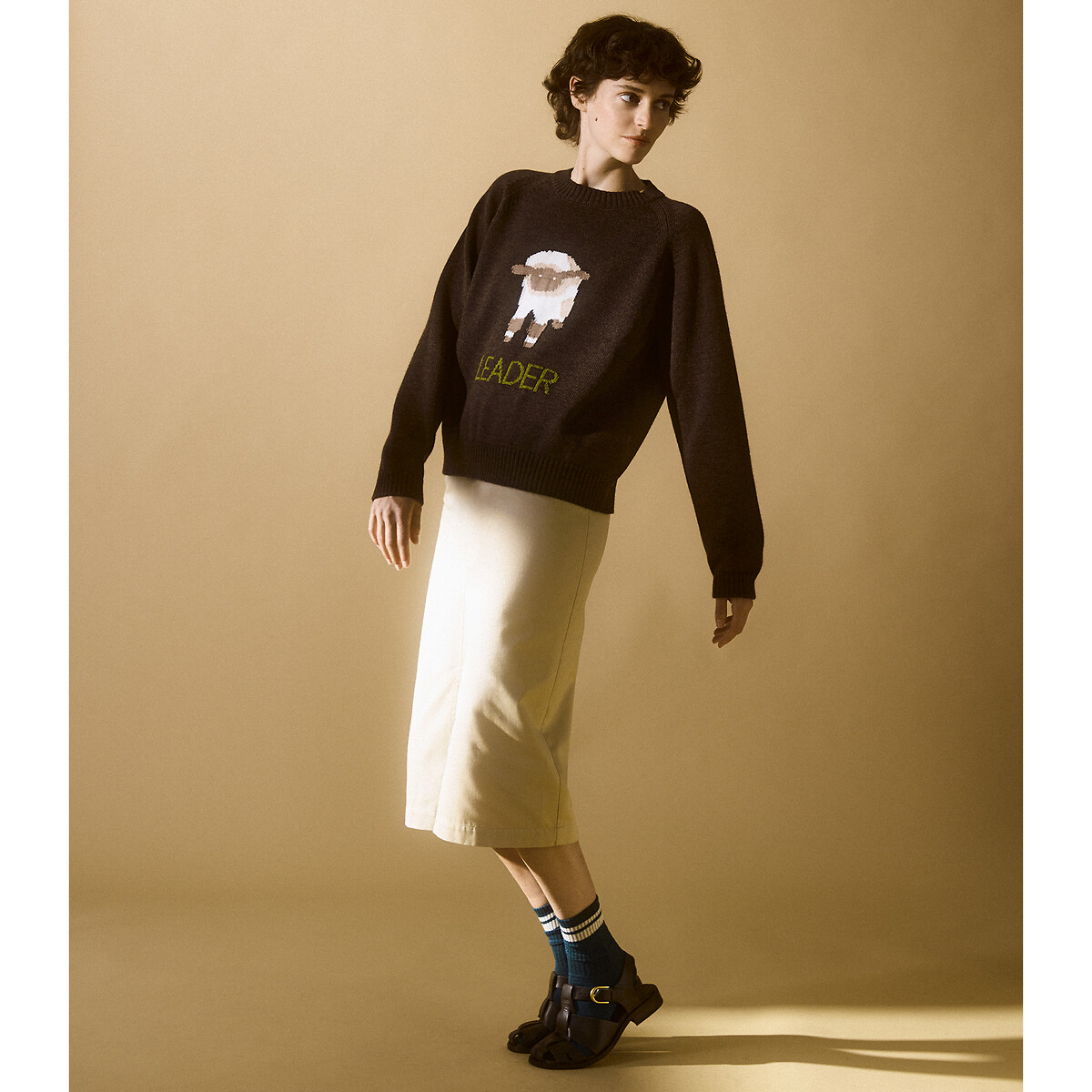 Intarsia sheep pattern merino wool crew neck jumper brown, LA REDOUTE X MAZORCAS