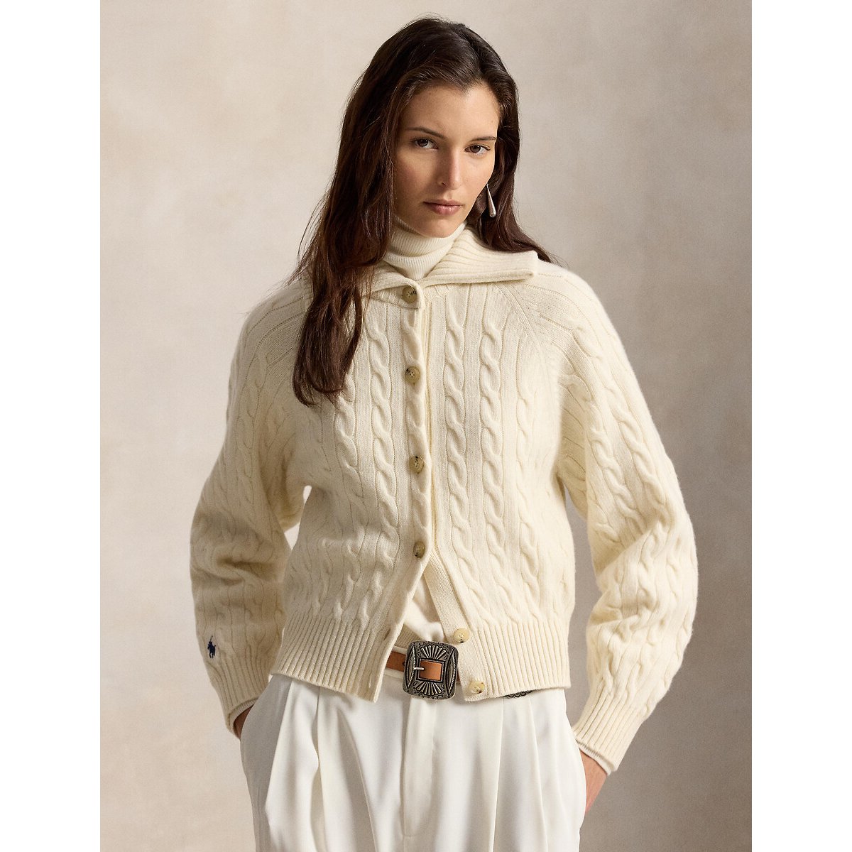 Cardigan à col polo torsadé en laine crème, POLO RALPH LAUREN