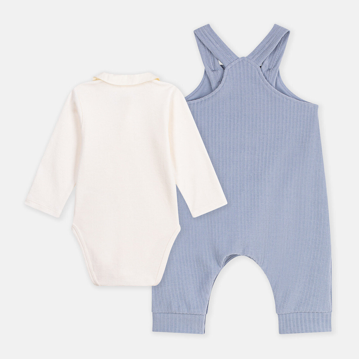 Set composto da salopette e body in felpa, con motivo con ancore blu + écru, PETIT BATEAU