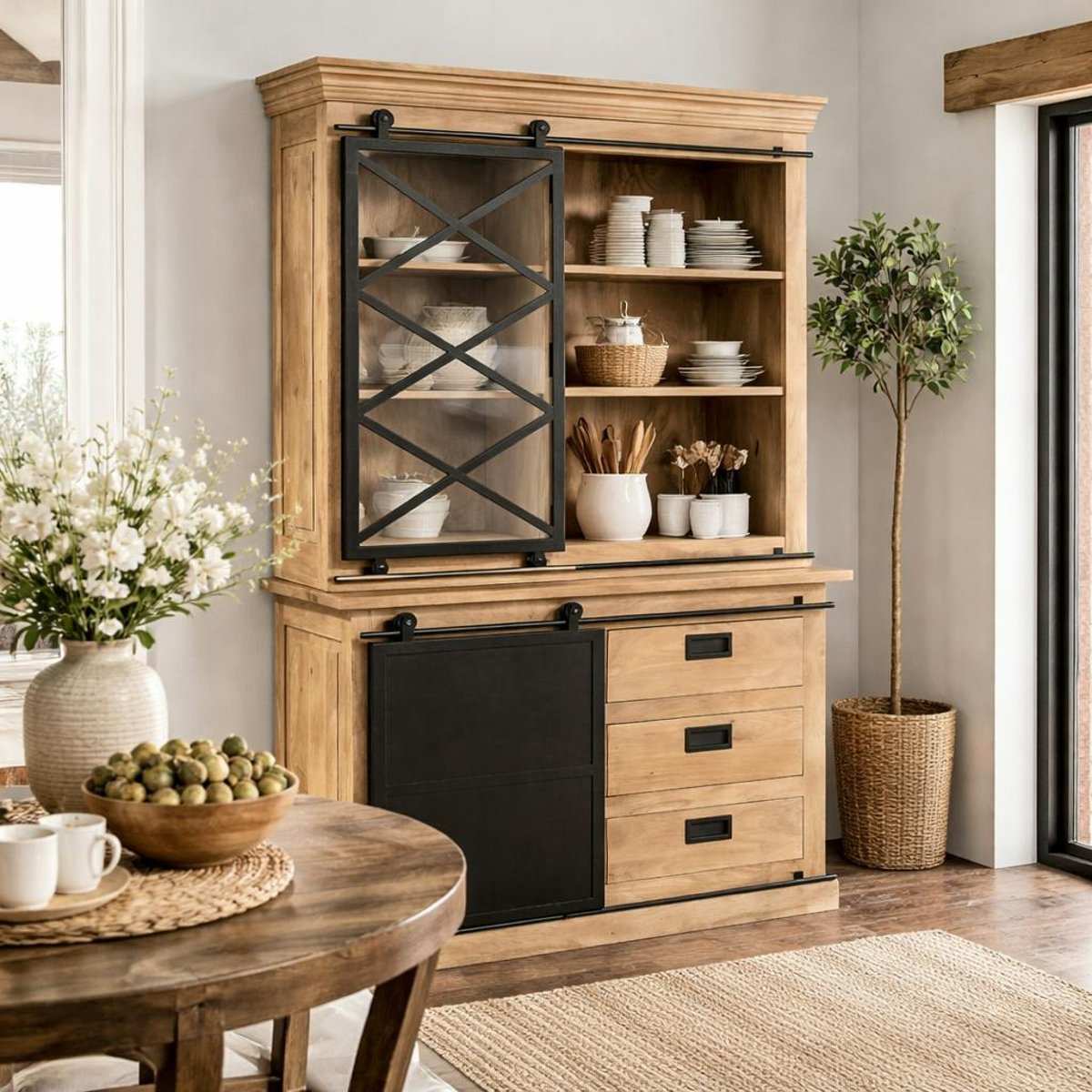 Vaisselier bois métal style atelier à portes coulissantes 120 cm CAMDEN bois naturel, PIER IMPORT