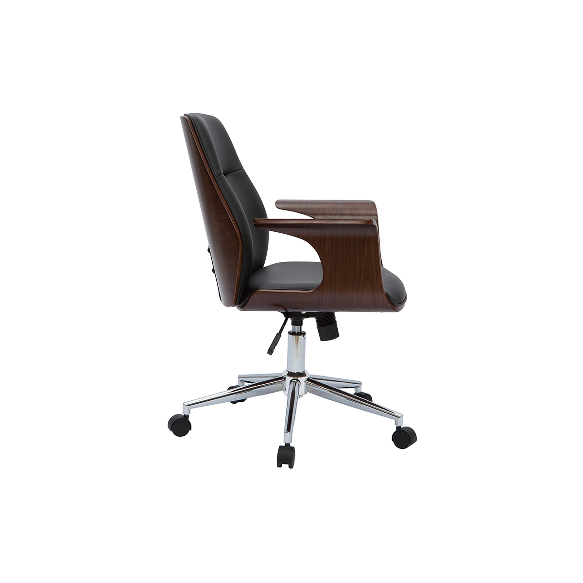 Chaise de bureau à roulettes design en tissu effet velours texturé gris, bois clair et acier chromé RUFIN noyer / noir, MILIBOO
