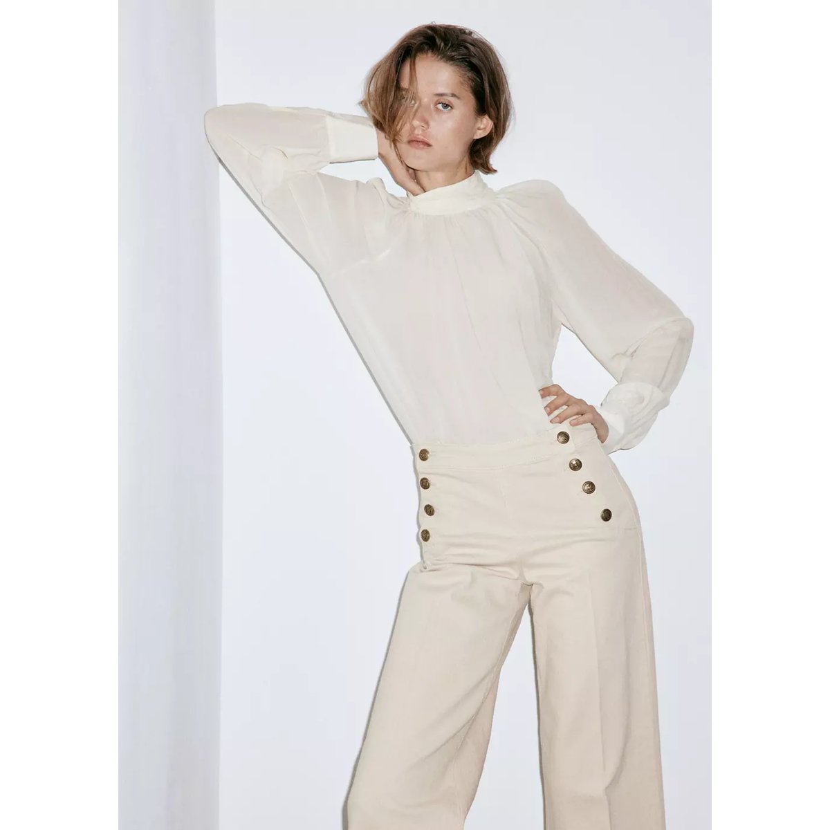 Jean wide leg boutons latérales sable, MANGO