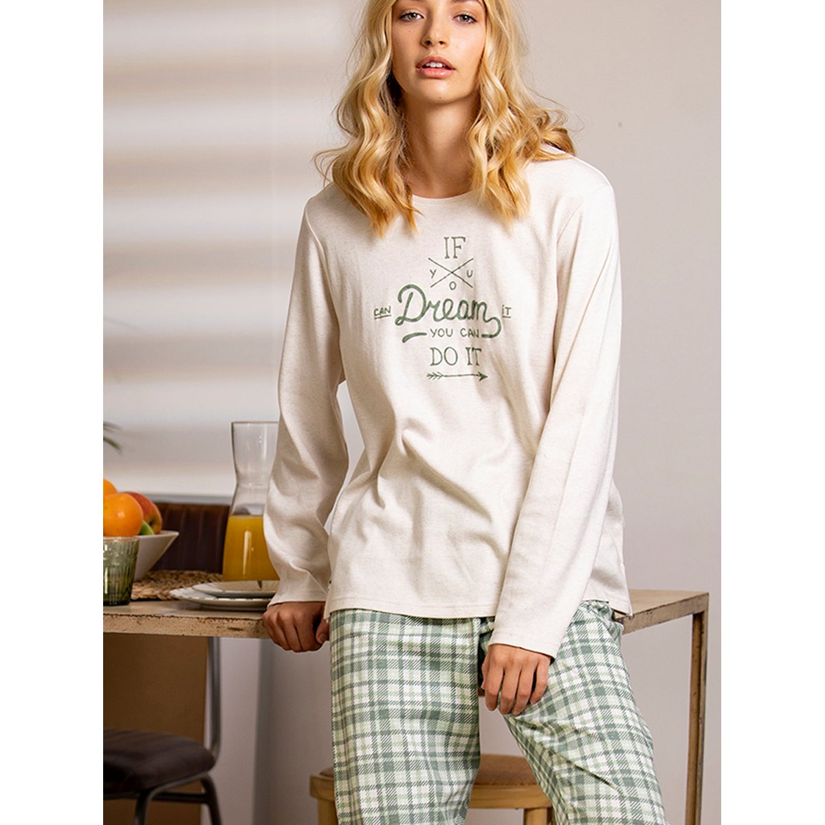 Pyjama pantalon top manches longues If You Dream beige, ADMAS