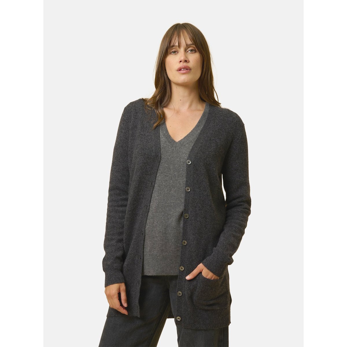 Cardigan Col V Anthracite Chiné Chelsea gris anthracite chiné, JUST CASHMERE