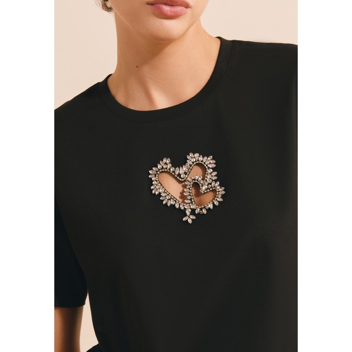 T-shirt manches courtes avec strass en forme de cœur en coton ALBANE noir, ETAM