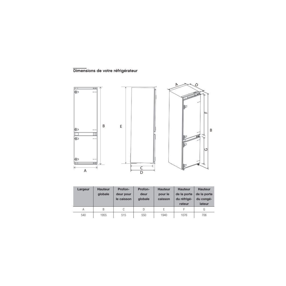 Réfrigérateur combiné encastrable ERCVI200-55miB1 194cm couleur unique, ESSENTIEL B