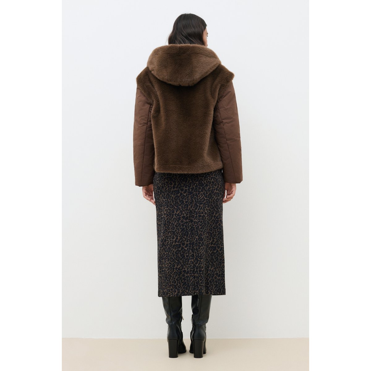 Manteau droit capuche imitation fourrure GALICE marron foncé, CAROLL