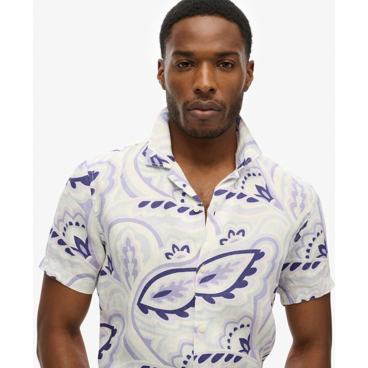 Chemise imprimée en lin à col ouvert imprimé gris laurier, SUPERDRY