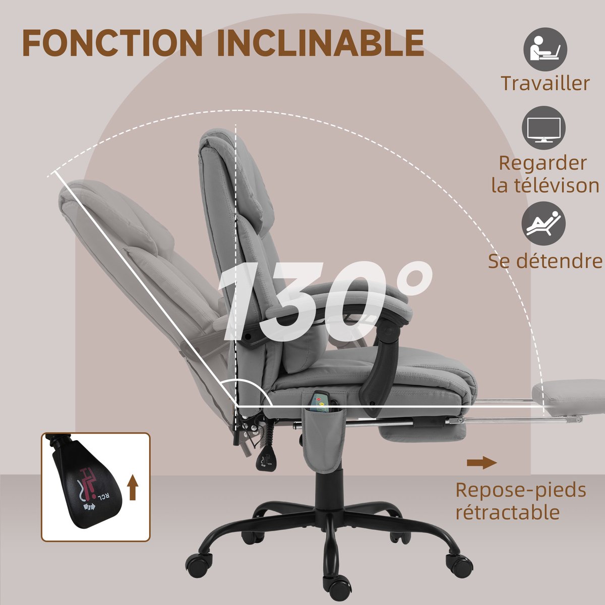 Fauteuil de bureau avec fonction massage gris, HOMCOM