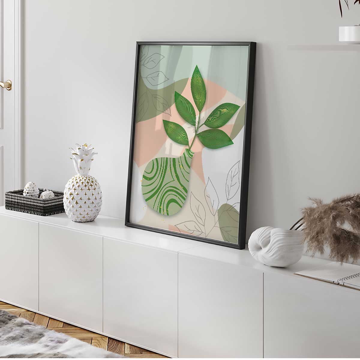 Affiche encadrée feuilles modernes pastel affiche + cadre en métal - noir, HEXOA