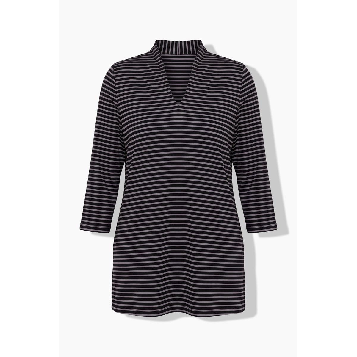 T-shirt, rayé, col jabot, manches 3/4 noir, ULLA POPKEN
