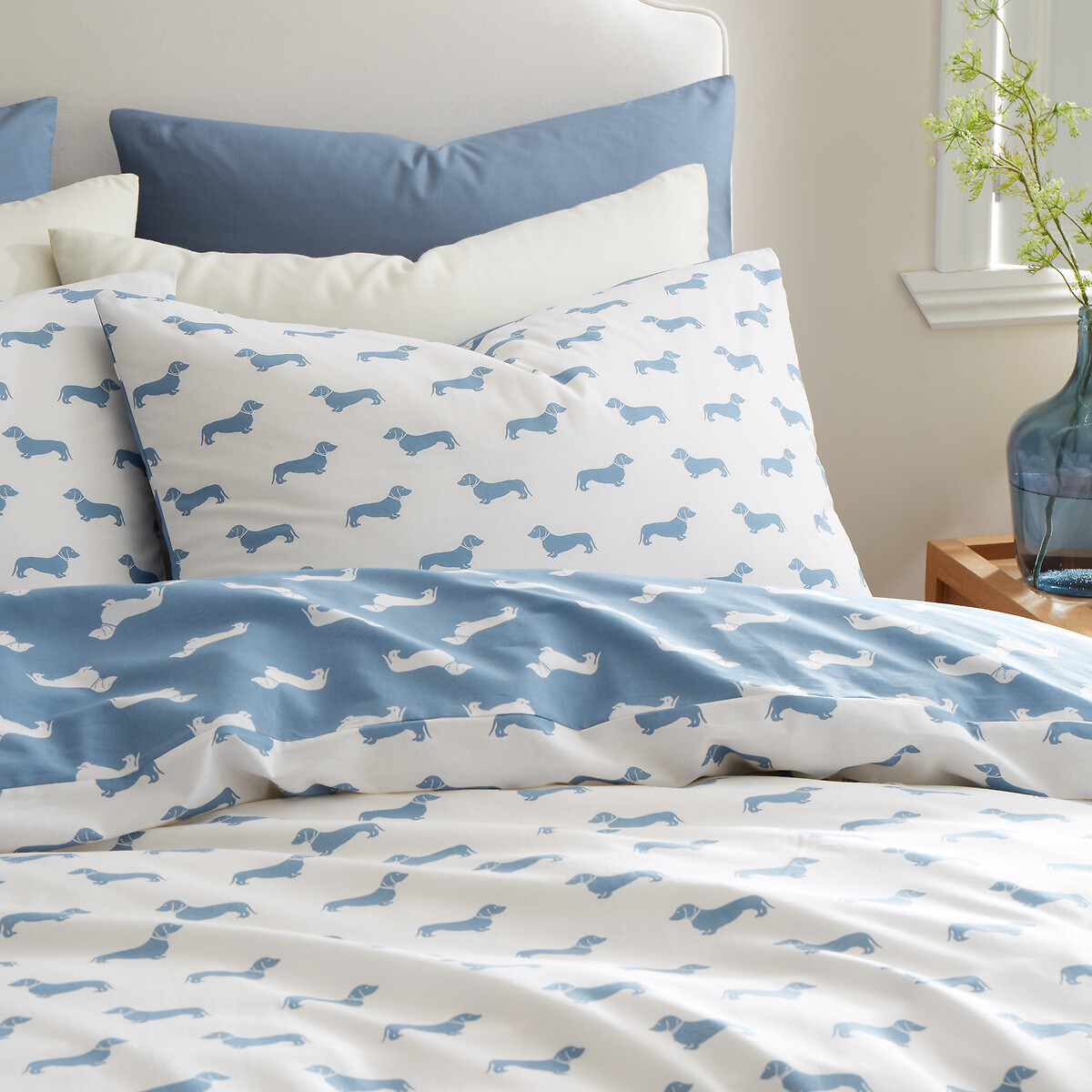 Peggy Dachshund Cotton Reversible Duvet Cover Set blue print, EMILY BOND